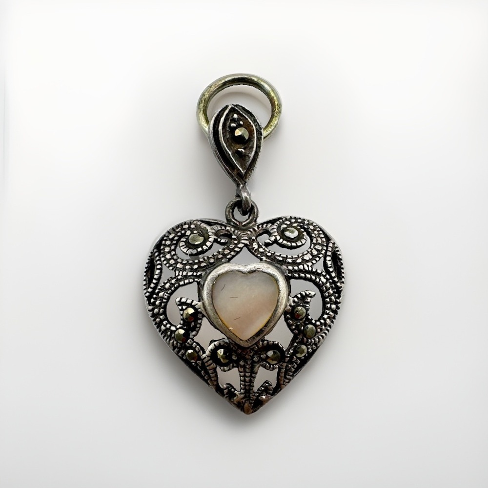 Vintage 925 Sterling Silver Pink Mothe Of Pearl Marcasite Filigree Heart Pendant